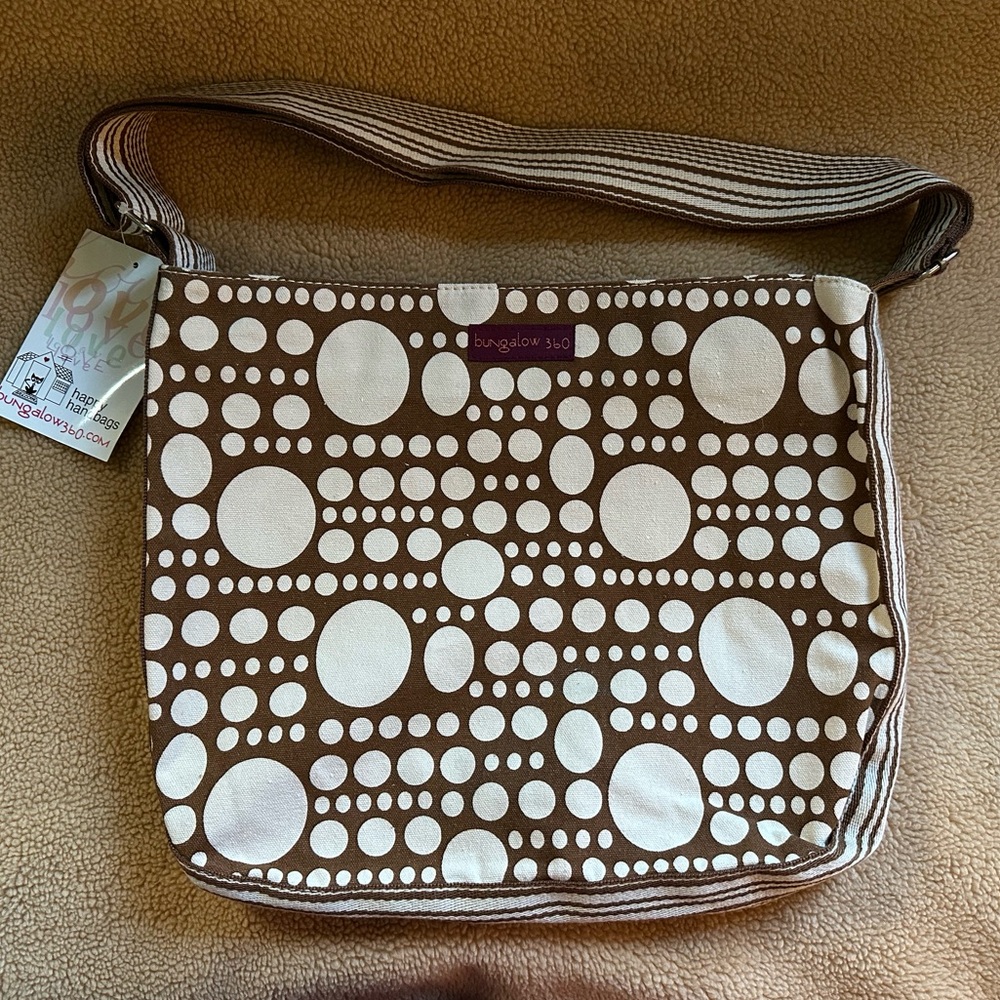 NWT Bungalow 360 vegan canvas Brown and Cream Polka Dot crossbody Messenger bag